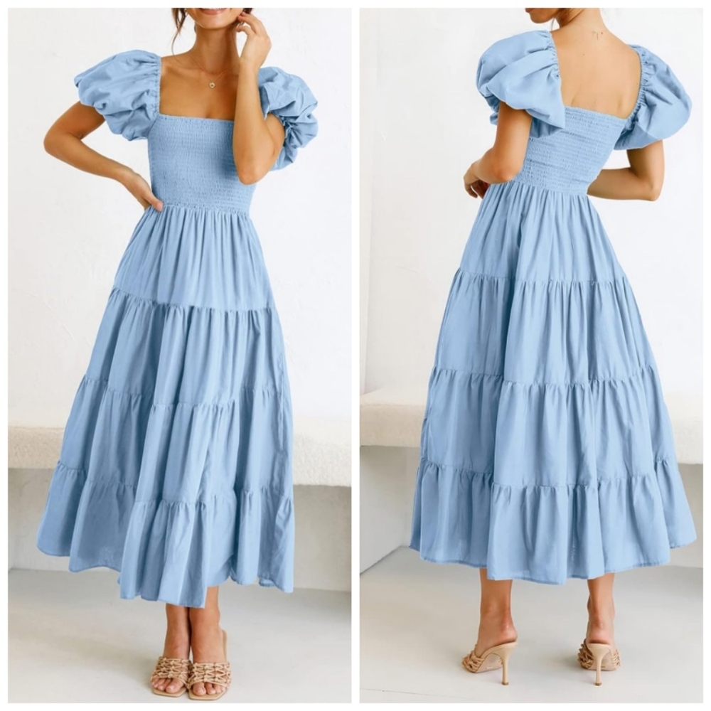 CFLONGE Women's 2024 Summer Casual Boho Beach Dress Square Neck Puff Sleeve High